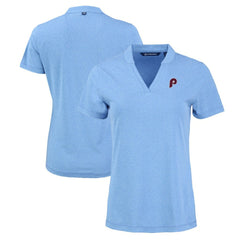 Philadelphia Phillies Cutter & Buck Women's Forge Stretch Blade DryTec V-Neck Polo - Heather Light Blue - MLB Sale
