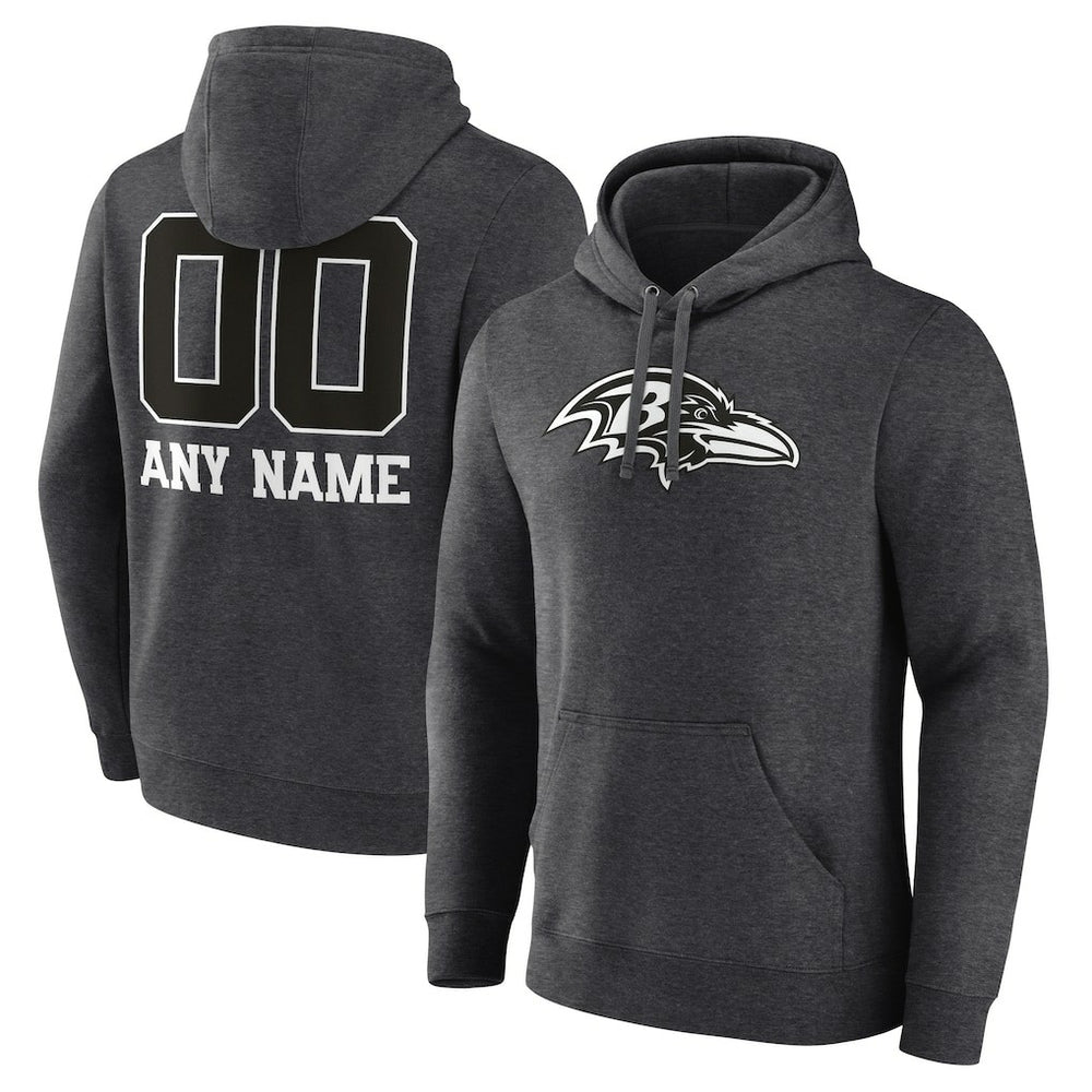Baltimore Ravens Personalized Name & Number Monochrome Pullover Hoodie Charcoal