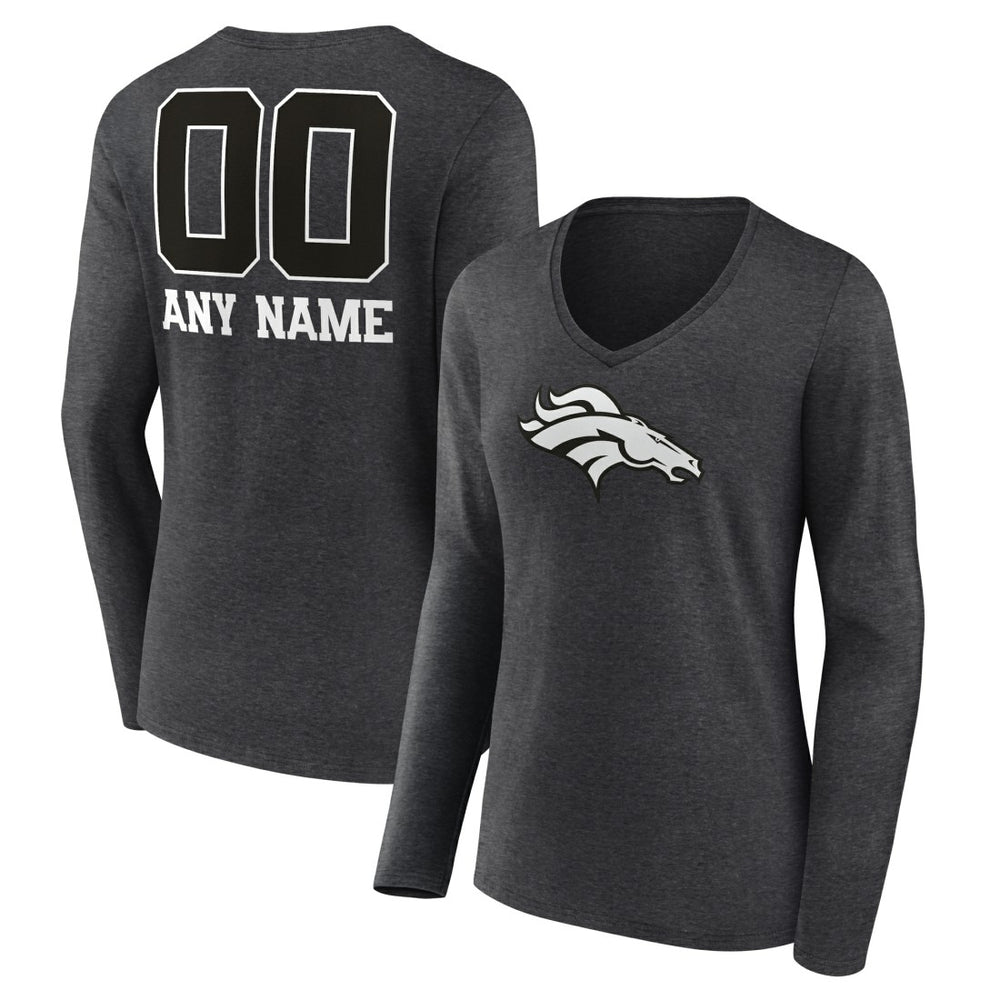 Denver Broncos Women's Personalized Name & Number Monochrome V-neck T-Shirt Charcoal