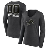 Detroit Lions Women's Personalized Name & Number Monochrome V-neck T-Shirt Charcoal