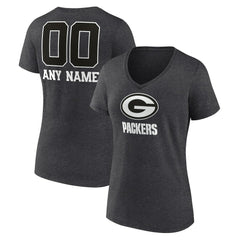 Green Bay Packers Women's Personalized Name & Number Monochrome V-Neck Long Sleeve T-Shirt Charcoal