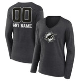 Miami Dolphins Women's Personalized Name & Number Monochrome V-neck T-Shirt Charcoal