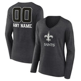 New Orleans Saints Women's Personalized Name & Number Monochrome V-neck T-Shirt Charcoal