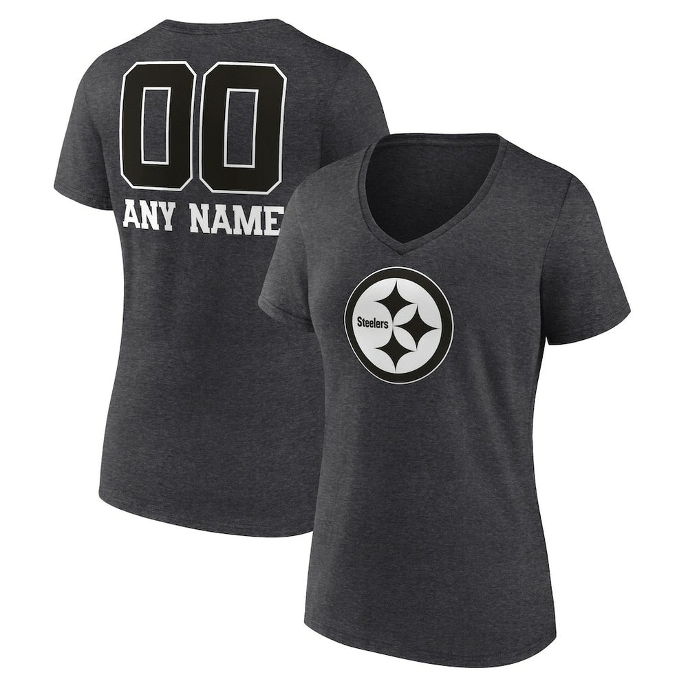 Pittsburgh Steelers Women's Personalized Name & Number Monochrome V-Neck Long Sleeve T-Shirt Charcoal