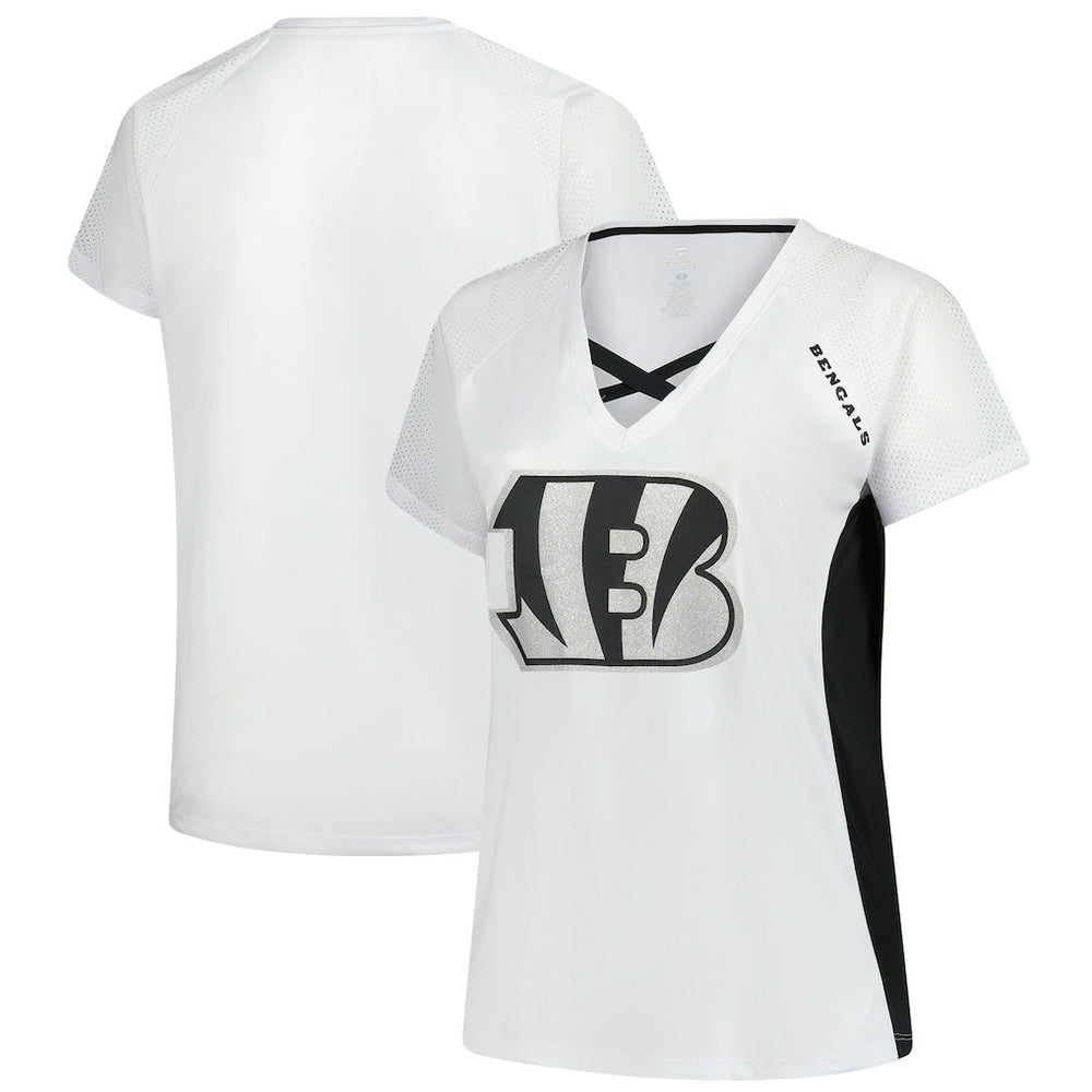 Fanatics Cincinnati Bengals Women's Plus Size Glitter Lace-Up V- Neck T-Shirt White