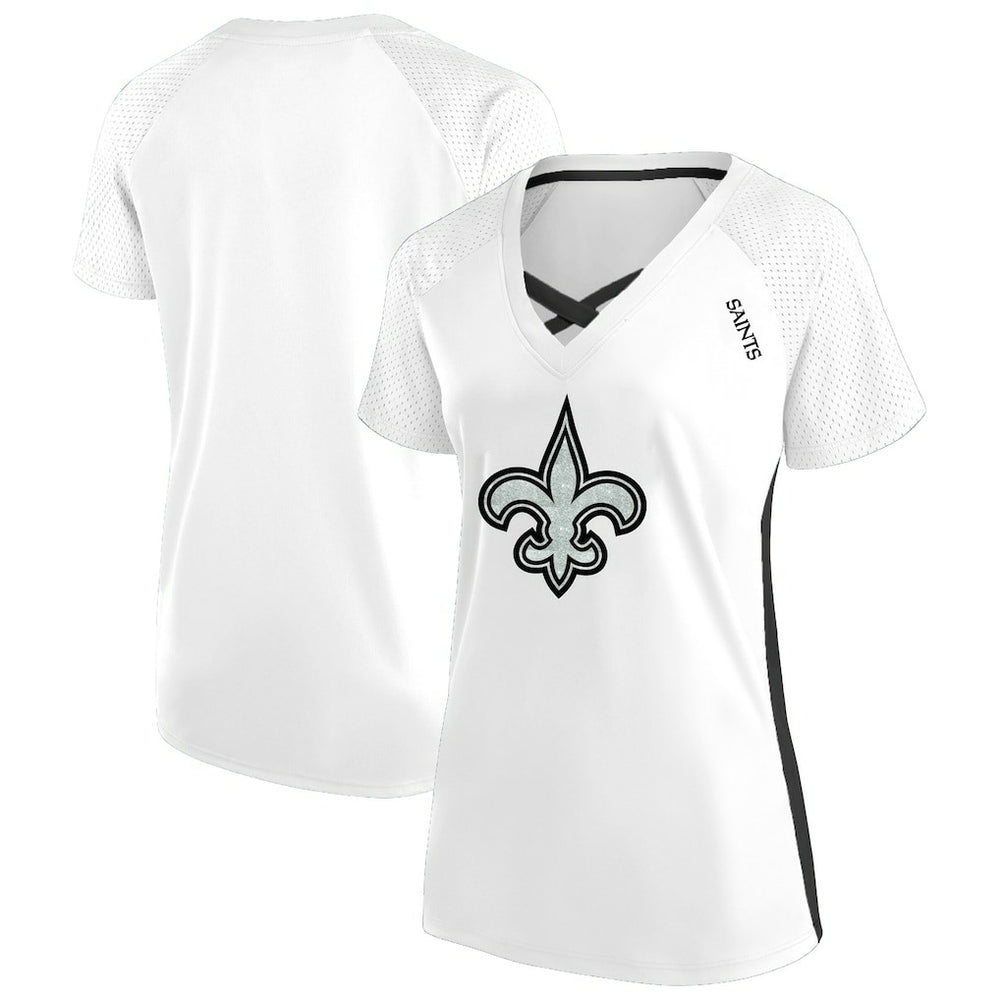 Fanatics New Orleans Saints Women's Plus Size Glitter Lace-Up V- Neck T-Shirt White