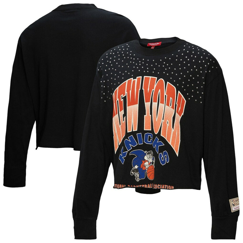 New York Knicks Women's Hardwood Classics Studded Boxy Cropped Long Sleeve T-Shirt Black | Mitchell & Ness Lifestyle