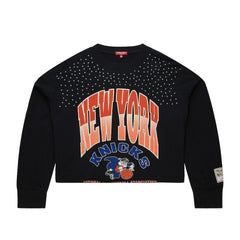 New York Knicks Women's Hardwood Classics Studded Boxy Cropped Long Sleeve T-Shirt Black | Mitchell & Ness Lifestyle