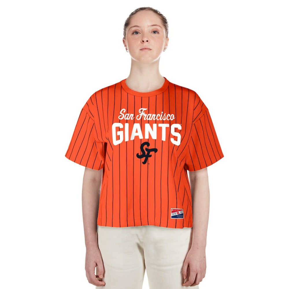 San Francisco Giants New Era Women's 2025 City Connect Boxy Pinstripe T-Shirt - Orange - New Era Lifestyle