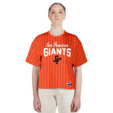 San Francisco Giants New Era Women's 2025 City Connect Boxy Pinstripe T-Shirt - Orange - New Era Lifestyle