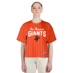 San Francisco Giants New Era Women's 2025 City Connect Boxy Pinstripe T-Shirt - Orange - New Era Lifestyle