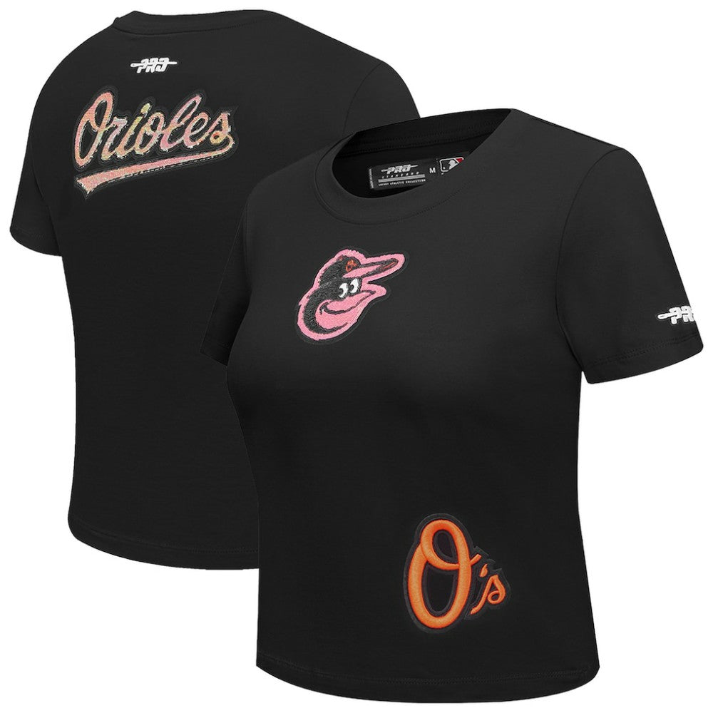 Baltimore Orioles Pro Standard Women's Game Day Classics Baby Doll Cropped T-Shirt - Black - MLB Discount