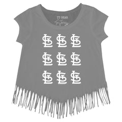 St. Louis Cardinals Tiny Turnip Girls Youth Logo Grid Fringe T-Shirt - Gray - MLB on Sale