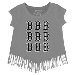 Boston Red Sox Tiny Turnip Girls Youth Logo Grid Fringe T-Shirt - Gray - MLB Sale