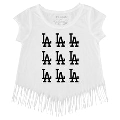 Los Angeles Dodgers Tiny Turnip Girls Youth Logo Grid Fringe T-Shirt - White - MLB on Sale