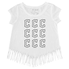 Cleveland Guardians Tiny Turnip Girls Youth Logo Grid Fringe T-Shirt - White - MLB on Sale