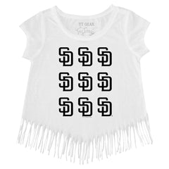 San Diego Padres Tiny Turnip Girls Youth Logo Grid Fringe T-Shirt - White - MLB on Sale