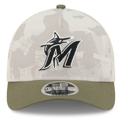 Miami Marlins New Era 2025 Armed Forces Day 9FORTY M-Crown A-Frame Adjustable Hat - Light Beige/Olive - New Era Lifestyle