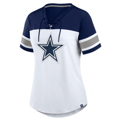Fanatics Dallas Cowboys Women's Athena Rhinestone Lace-Up V-Neck T-Shirt White/Navy
