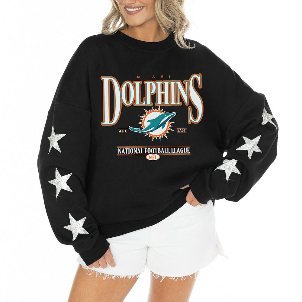Miami Dolphins Gameday Couture Women's Rhinestone Star Sleeve Settle the Score Oversized Tri-Blend Pullover Black