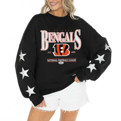 Cincinnati Bengals Gameday Couture Women's Rhinestone Star Sleeve Settle the Score Oversized Tri-Blend Pullover Black