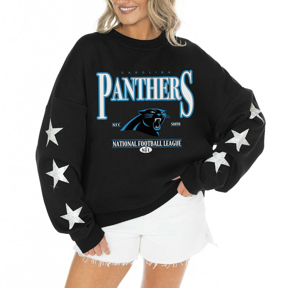 Carolina Panthers Gameday Couture Women's Rhinestone Star Sleeve Settle the Score Oversized Tri-Blend Pullover Black