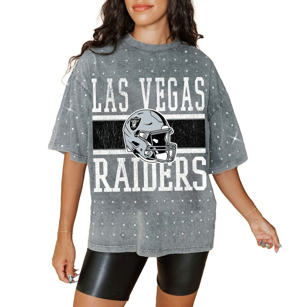 Las Vegas Raiders Gameday Couture Women's Oversized Mini Rhinestone Classic T-Shirt Gray