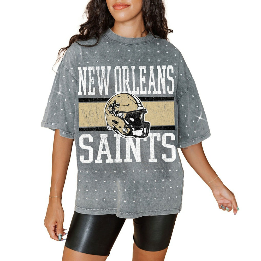 New Orleans Saints Gameday Couture Women's Oversized Mini Rhinestone Classic T-Shirt Gray