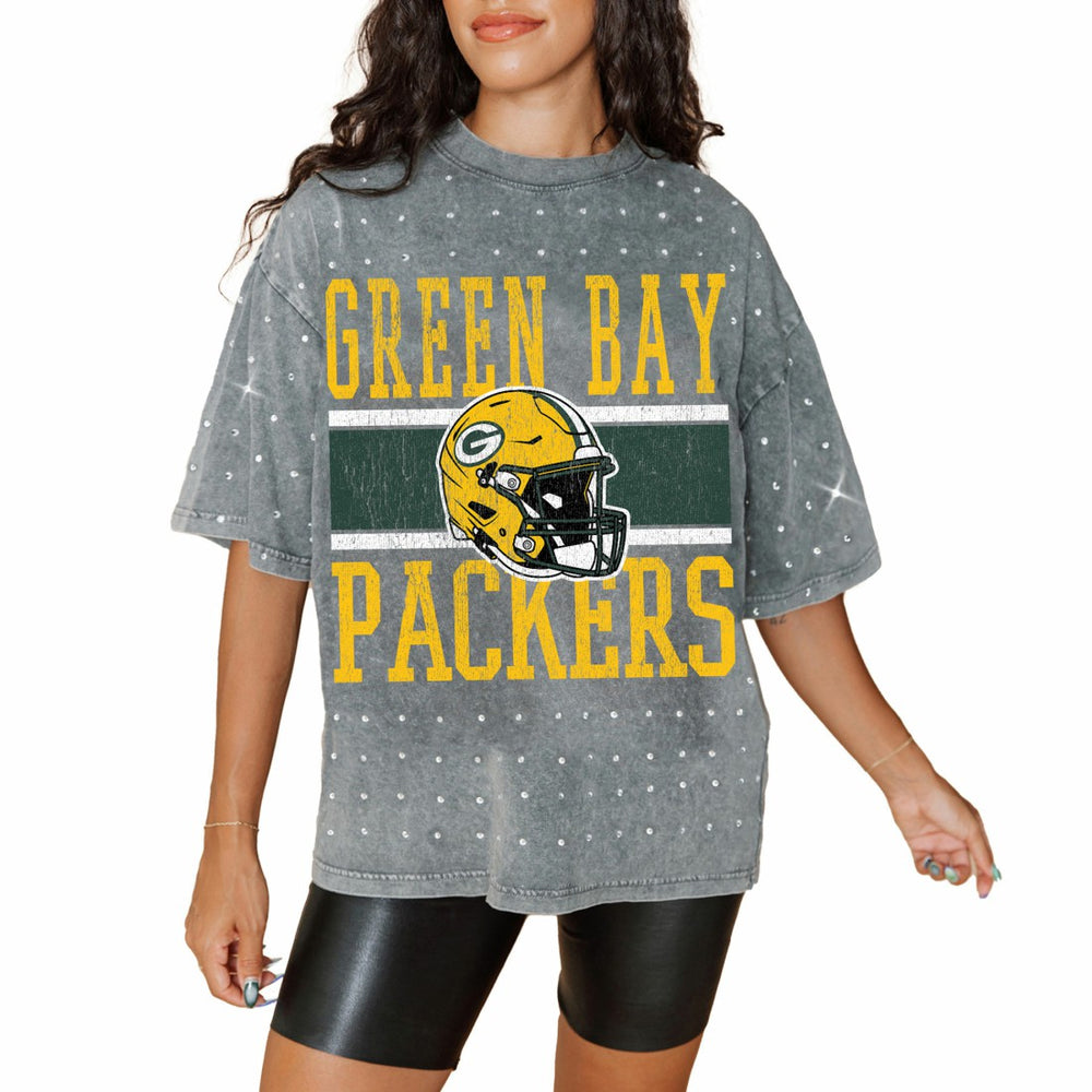 Green Bay Packers Gameday Couture Women's Oversized Mini Rhinestone Classic T-Shirt Gray
