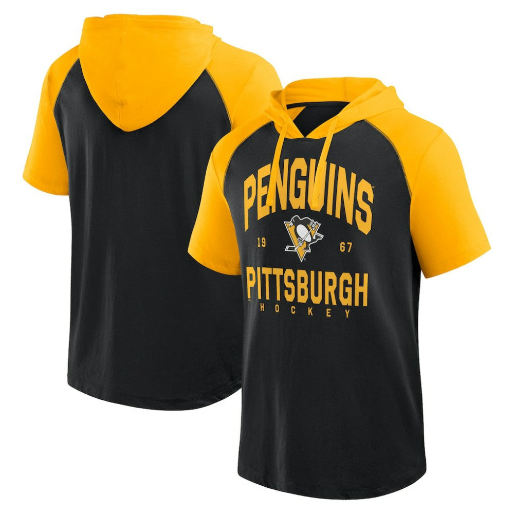 Pittsburgh Penguins Logo Athletic Prime Raglan Short Sleeve Pullover Hoodie - Black - NHL 202179727