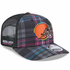 Cleveland Browns New Era 2024 NFL Crucial Catch Plaid 9SEVENTY Trucker Snapback Hat Black