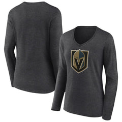 Vegas Golden Knights Women's Primary Logo Long Sleeve V-Neck T-Shirt - Charcoal - NHL 202183359
