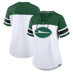 Fanatics New York Jets Women's Athena Rhinestone Lace-Up V-Neck T-Shirt White/Green