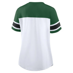 Fanatics New York Jets Women's Athena Rhinestone Lace-Up V-Neck T-Shirt White/Green
