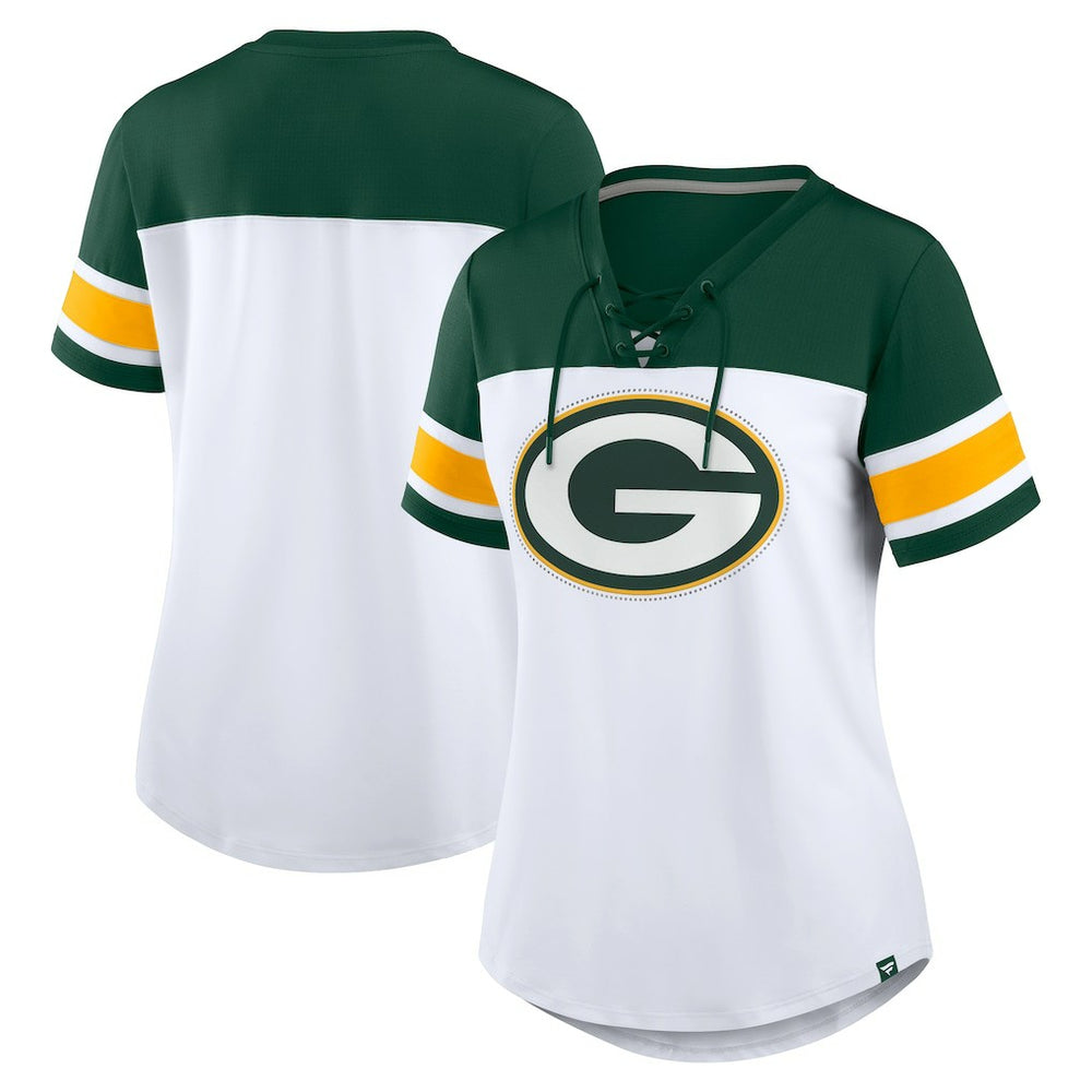 Fanatics Green Bay Packers Women's Athena Rhinestone Lace-Up V-Neck T-Shirt White/Green
