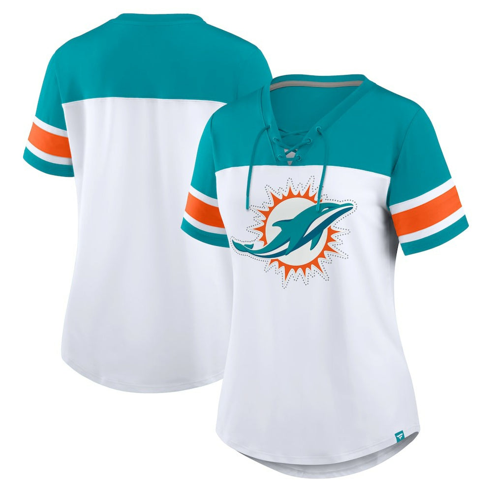 Fanatics Miami Dolphins Women's Athena Rhinestone Lace-Up V-Neck T-Shirt White/Aqua