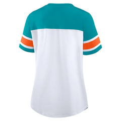 Fanatics Miami Dolphins Women's Athena Rhinestone Lace-Up V-Neck T-Shirt White/Aqua
