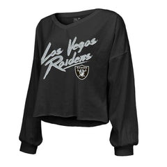 Maxx Crosby Las Vegas Raiders Majestic Threads Women's Name & Number Off-Shoulder Script Cropped Long Sleeve Relaxed V-Neck T-Shirt Black
