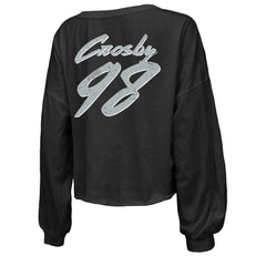 Maxx Crosby Las Vegas Raiders Majestic Threads Women's Name & Number Off-Shoulder Script Cropped Long Sleeve Relaxed V-Neck T-Shirt Black