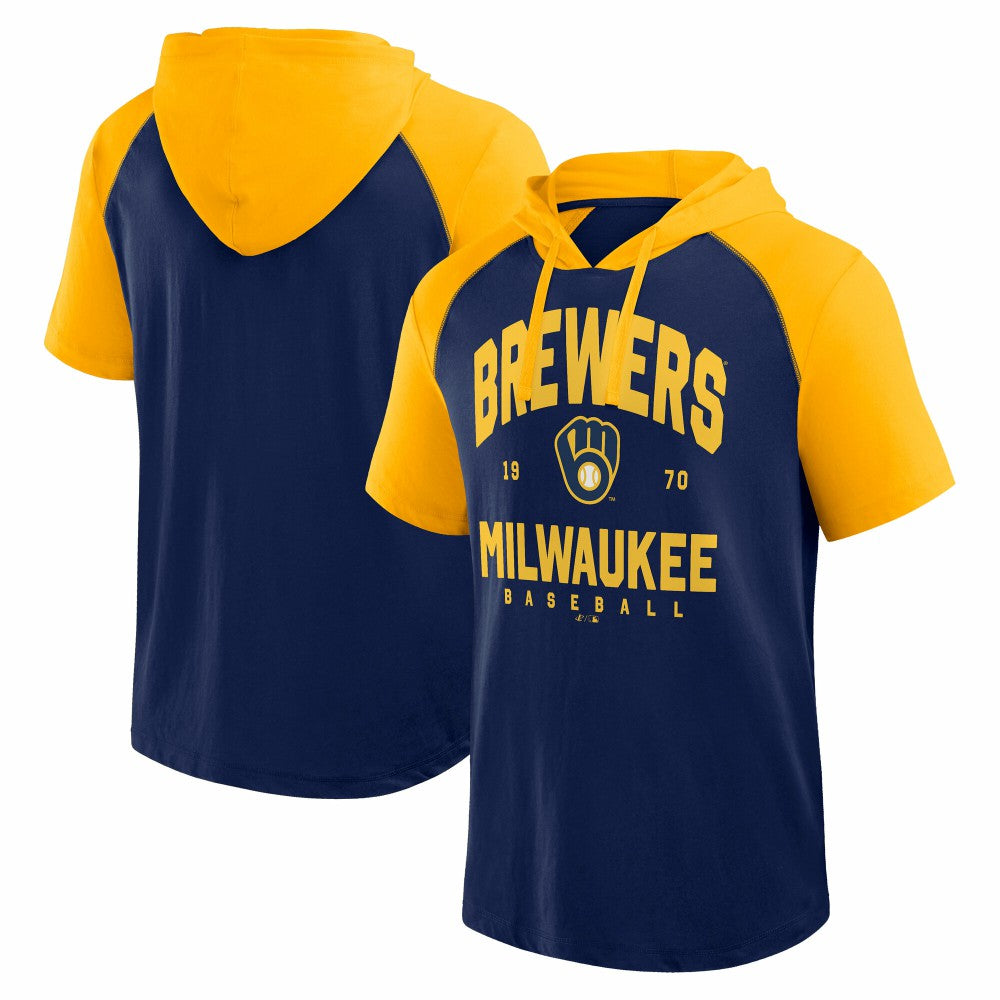 Milwaukee Brewers Logo Athletic Prime Raglan Short Sleeve Hoodie T-Shirt - Navy - MLB Sale