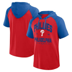 Philadelphia Phillies Logo Athletic Prime Raglan Short Sleeve Hoodie T-Shirt - Red - MLB Lifestyle