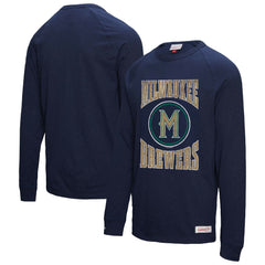 Milwaukee Brewers Mitchell & Ness Arched Logo Slub Long Sleeve T-Shirt - Navy - Mitchell & Ness Online