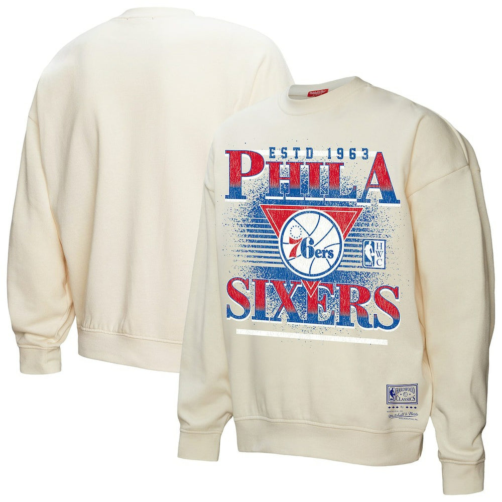 Philadelphia 76ers Women's Oversprayed Pullover Sweatshirt Cream | Mitchell & Ness