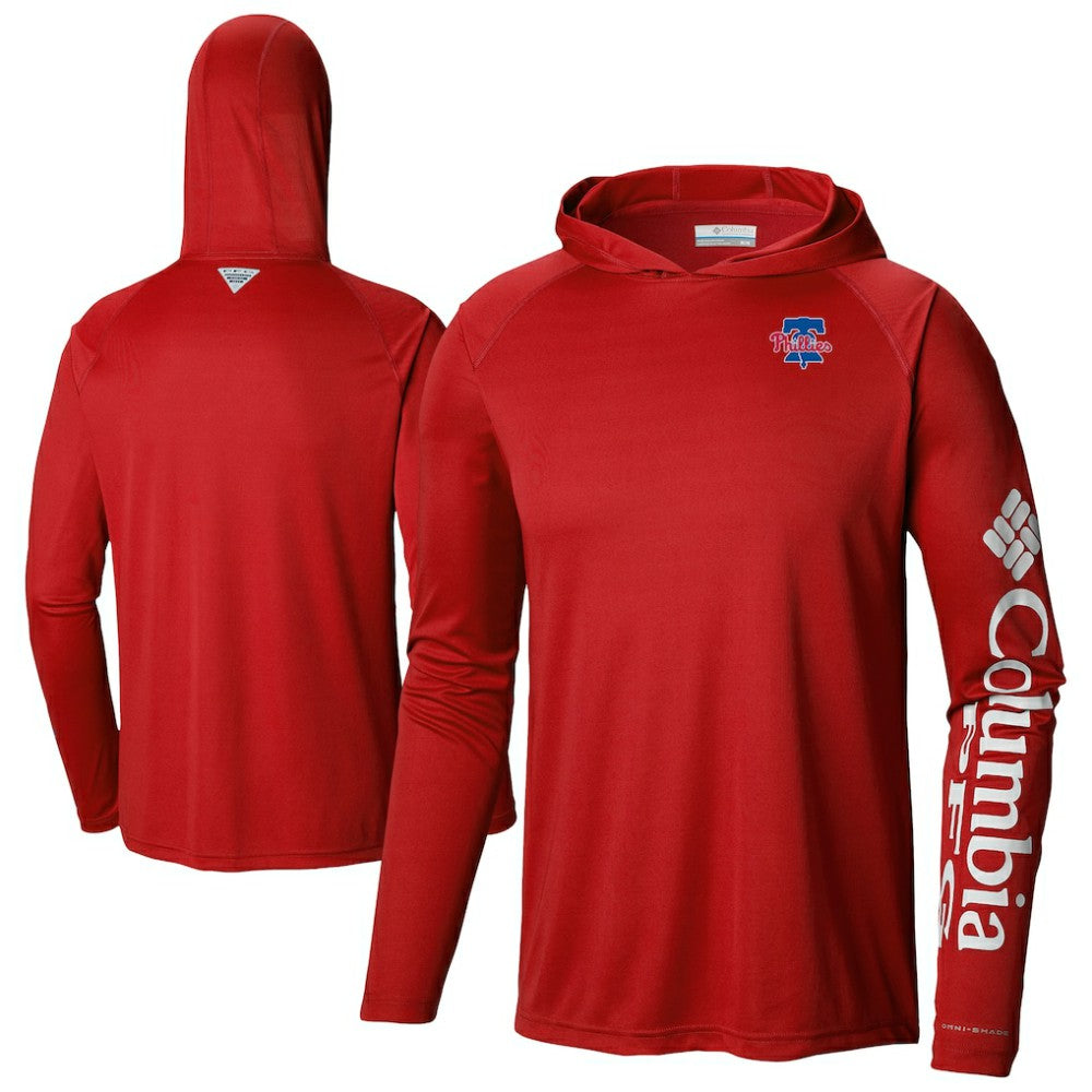 Philadelphia Phillies Columbia Omni-Wick Terminal Tackle Raglan Long Sleeve Hoodie T-Shirt - Red - Columbia on Sale