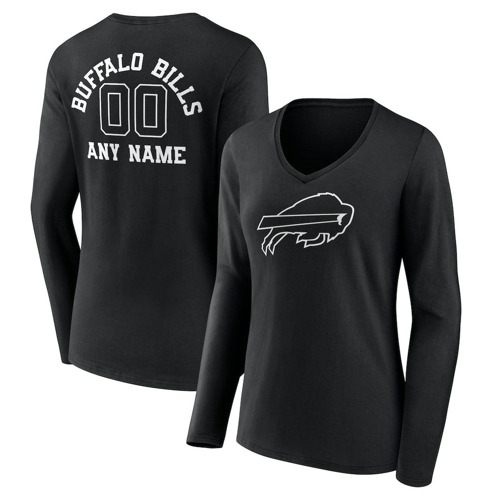 Buffalo Bills Women's Personalized Name & Number Monochrome Long Sleeve V-Neck T-Shirt Black