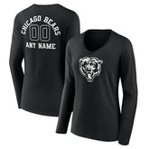 Chicago Bears Women's Personalized Name & Number Monochrome Long Sleeve V-Neck T-Shirt Black