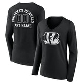 Cincinnati Bengals Women's Personalized Name & Number Monochrome Long Sleeve V-Neck T-Shirt Black