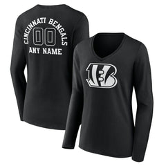 Cincinnati Bengals Women's Personalized Name & Number Monochrome Long Sleeve V-Neck T-Shirt Black