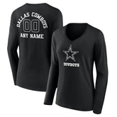 Dallas Cowboys Women's Personalized Name & Number Monochrome Long Sleeve V-Neck T-Shirt Black