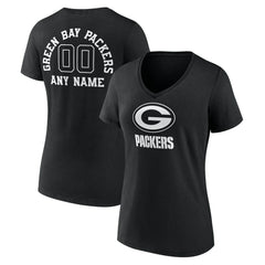 Green Bay Packers Women's Personalized Name & Number Monochrome V-Neck T-Shirt Black